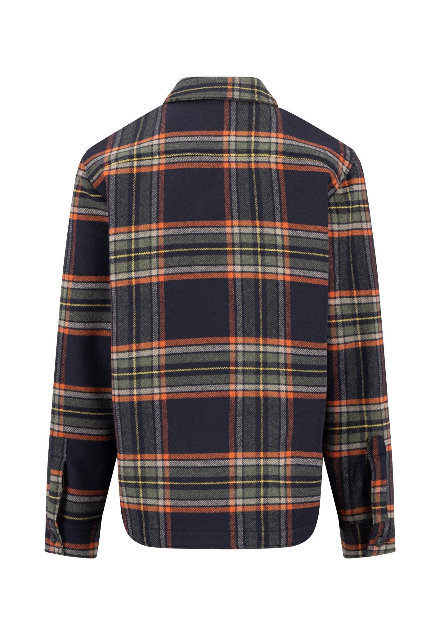 Plaid shirt with a navy blue, orange, and green pattern on a white background