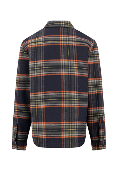Plaid shirt with a navy blue, orange, and green pattern on a white background