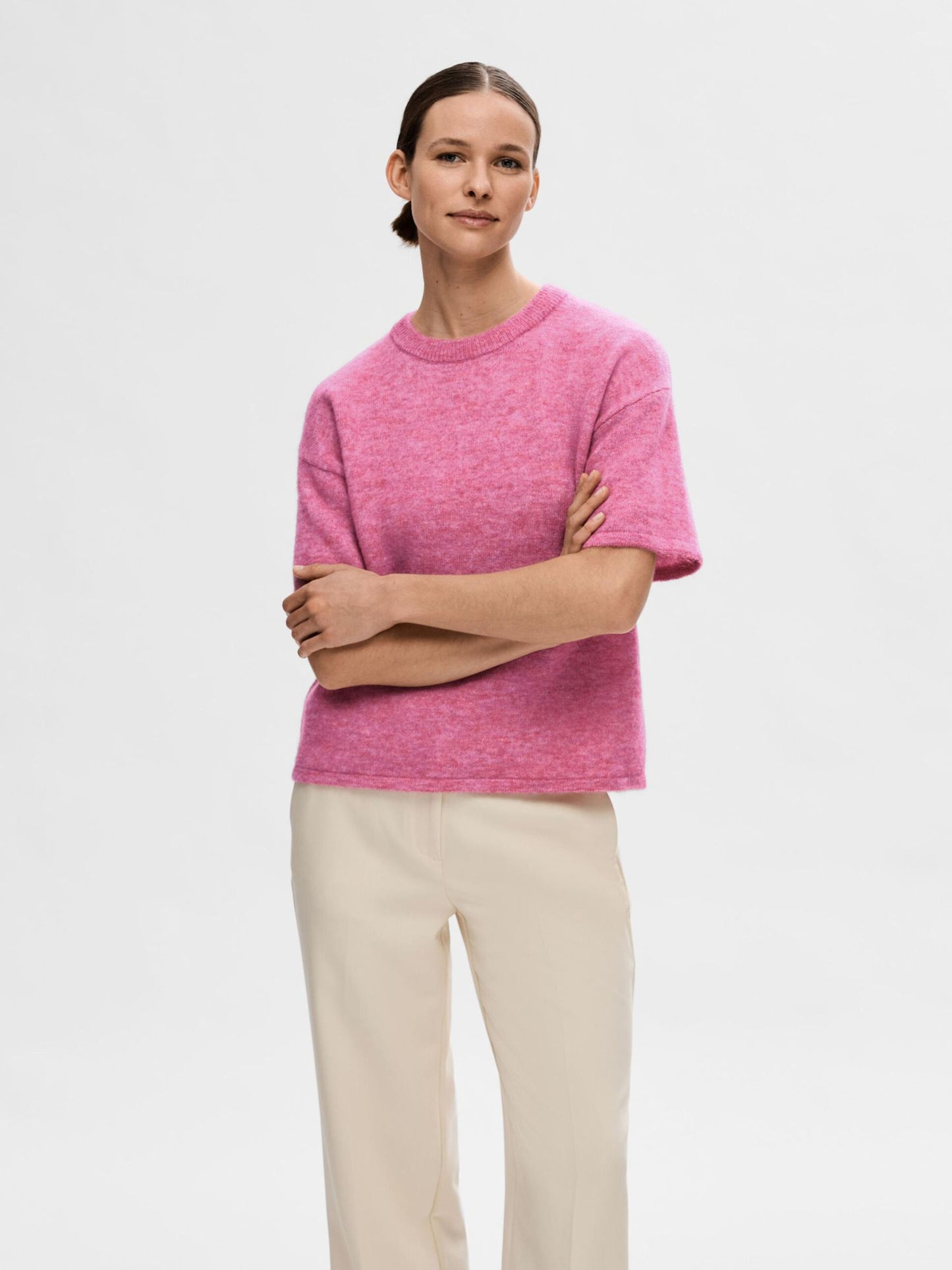 Selected Femme Short Sleeved Knitted Top - Pink