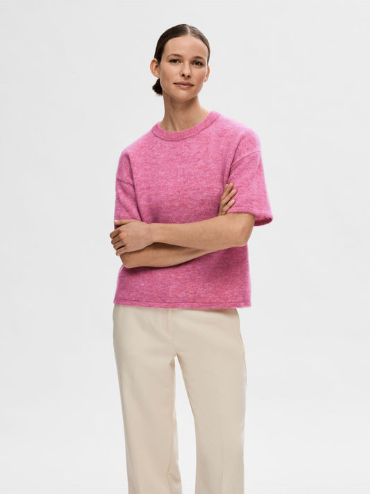 Selected Femme Short Sleeved Knitted Top - Pink