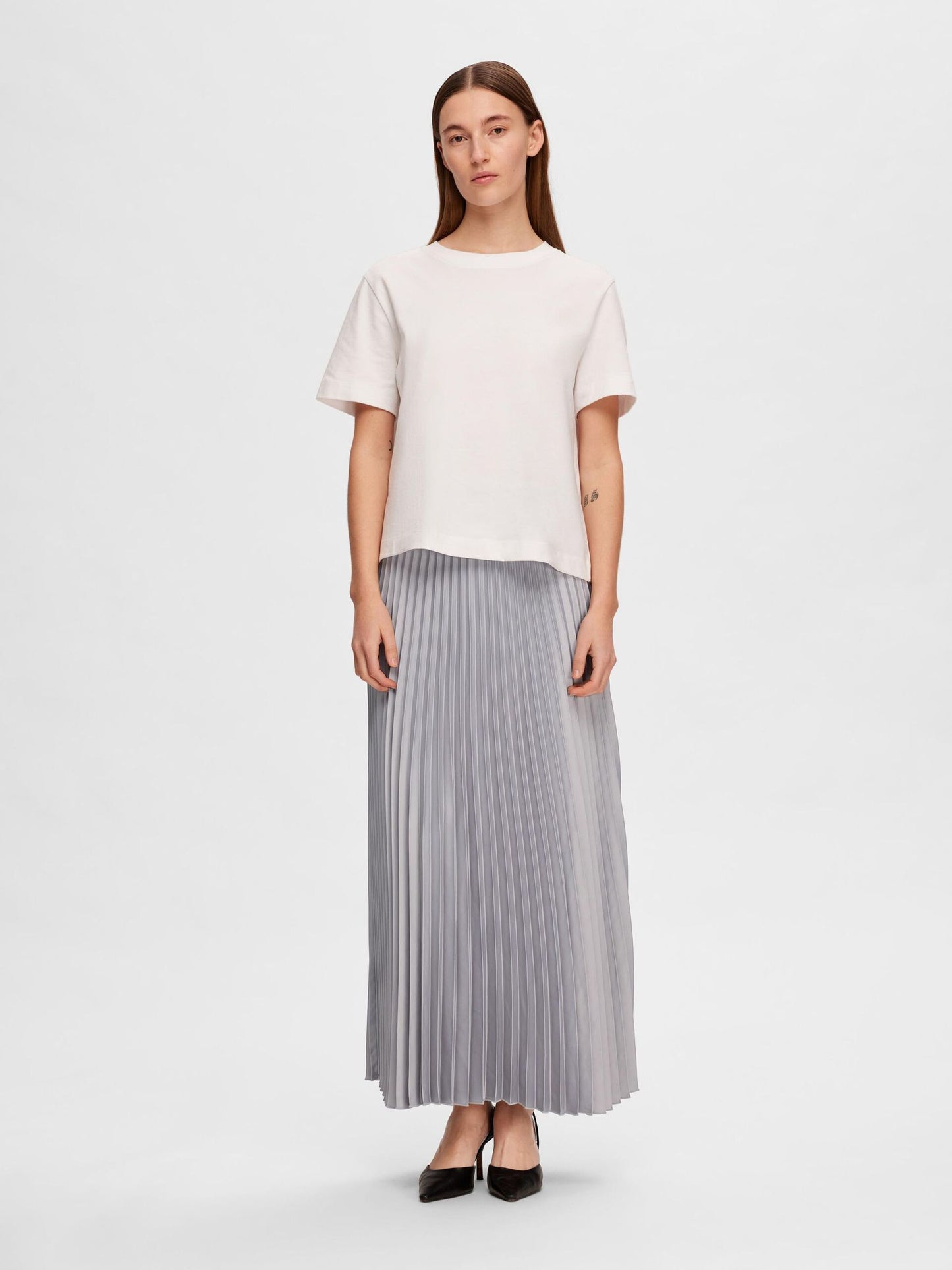 Selected Femme Tina Long Plisse Skirt - Sleet