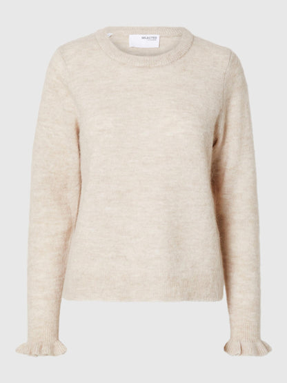 Selected Lulu Frill Round Neck Knit  - Birch