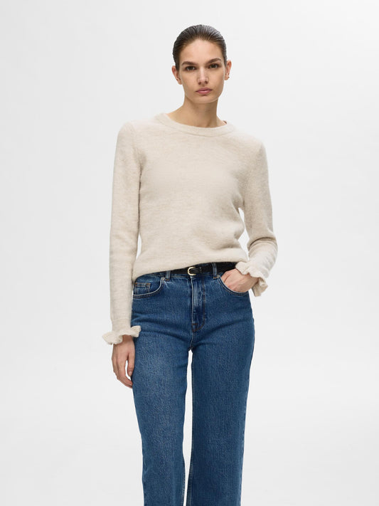Selected Lulu Frill Round Neck Knit  - Birch