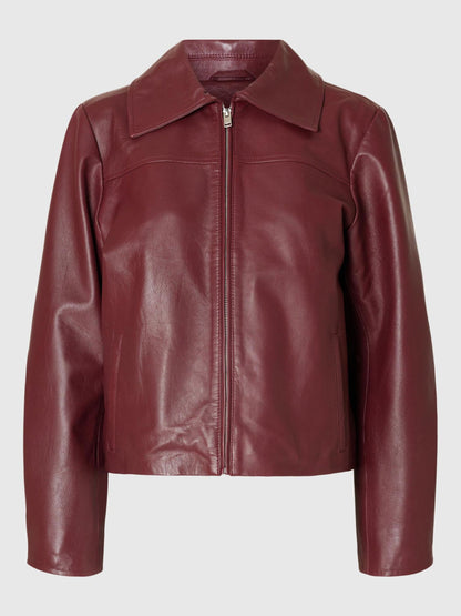 Selected Femme Zinfandel Leather Jacket - Burgundy