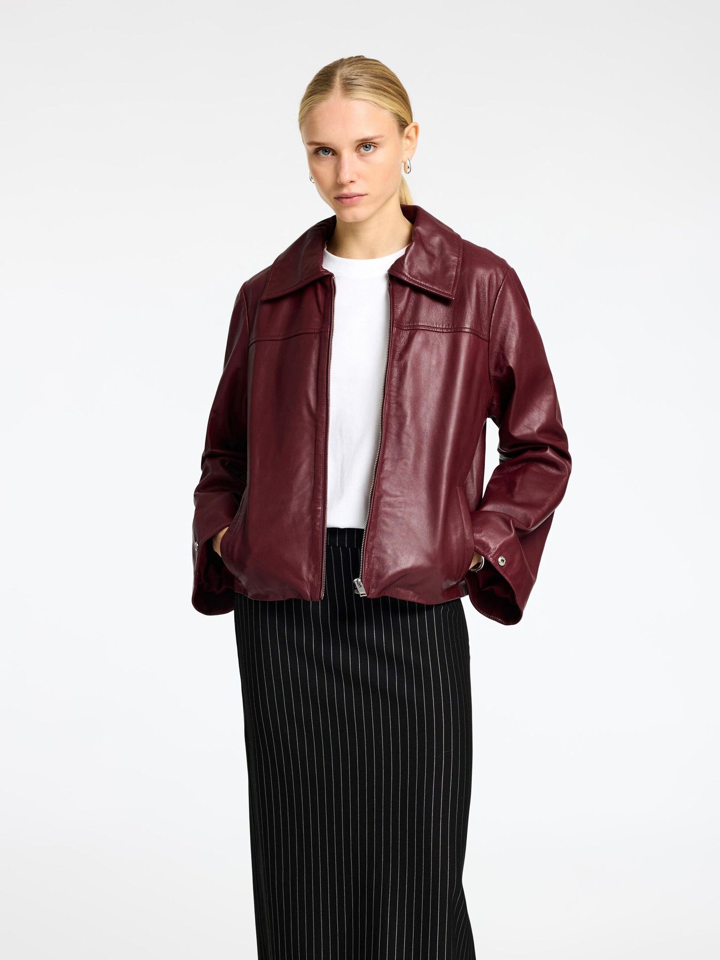 Selected Femme Zinfandel Leather Jacket - Burgundy