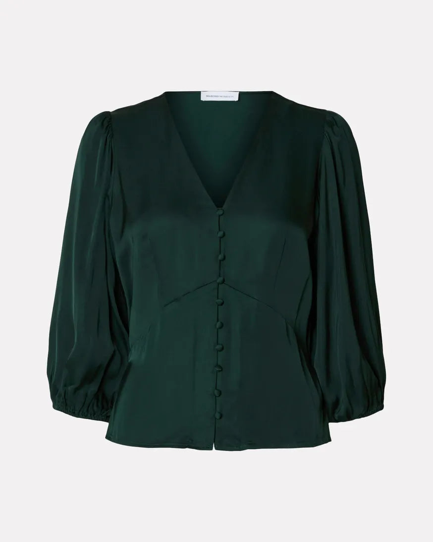 Selected Femme 3/4 Button Satin Top - Teal