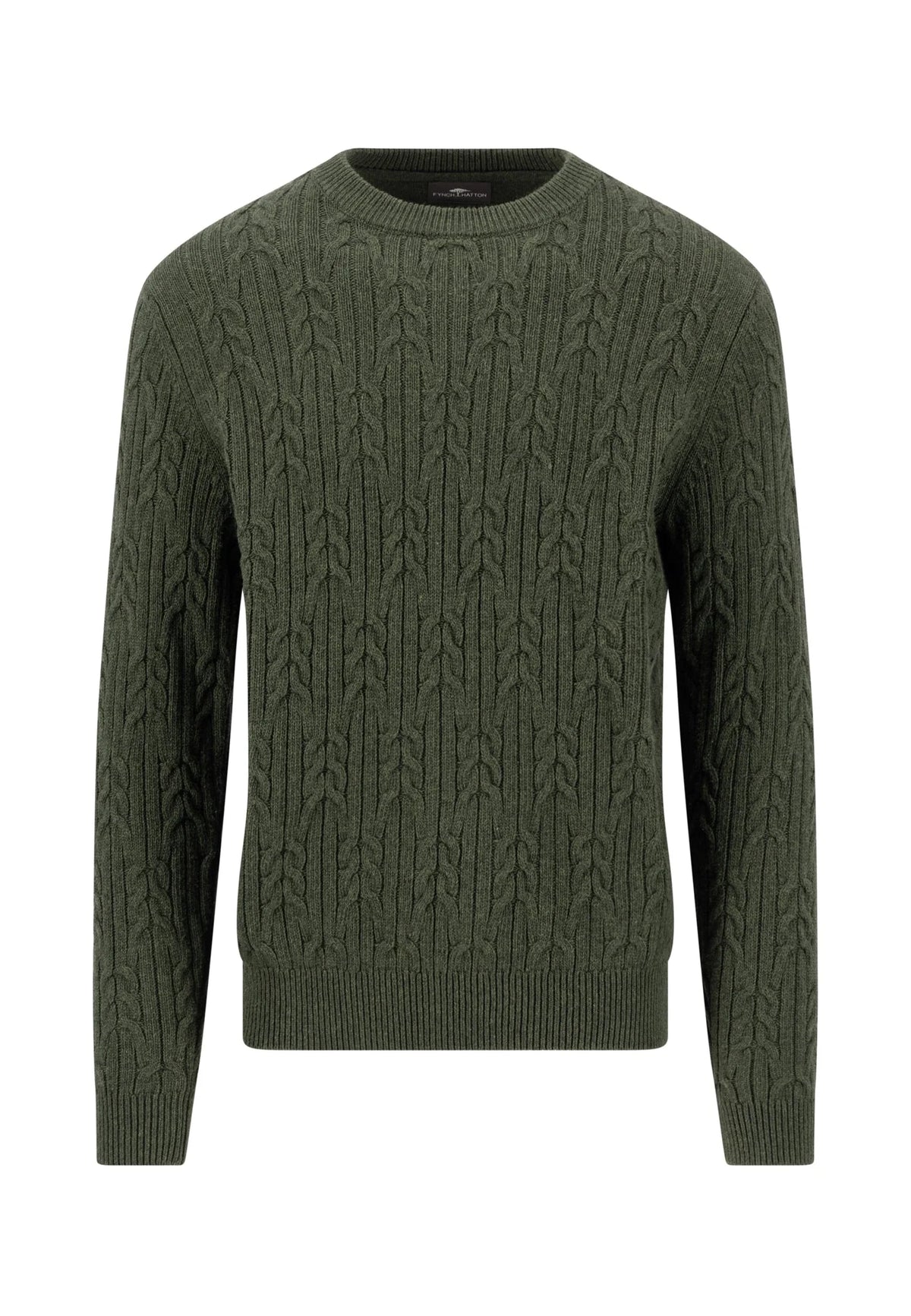 An olive green cable-knit crewneck sweater displayed on a clean white background.