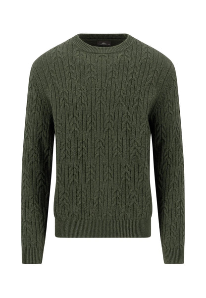 An olive green cable-knit crewneck sweater displayed on a clean white background.