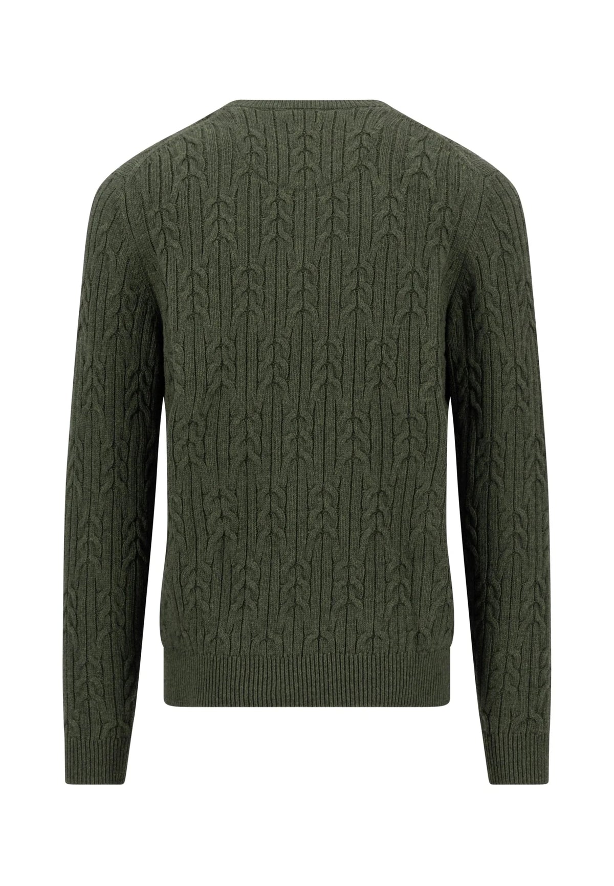 An olive green cable-knit sweater shown from the back, featuring a ribbed crew neck, cuffs, and hem, set against a plain white background.