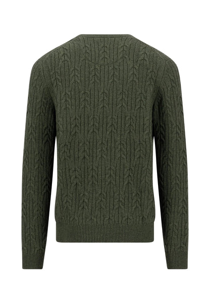 An olive green cable-knit sweater shown from the back, featuring a ribbed crew neck, cuffs, and hem, set against a plain white background.