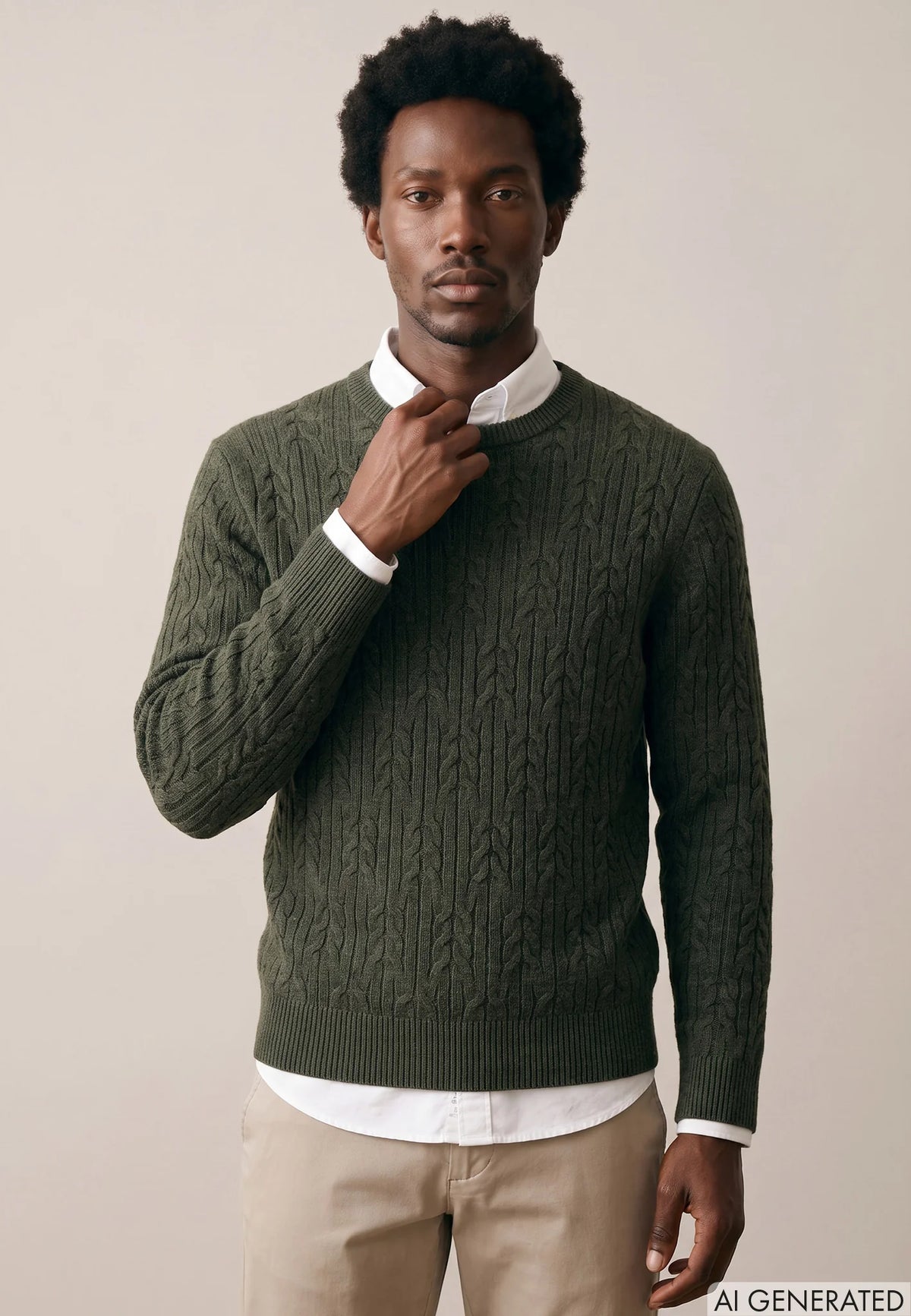 A man wearing a dark olive green cable-knit sweater over a white collared shirt and beige pants, standing against a plain beige studio background.