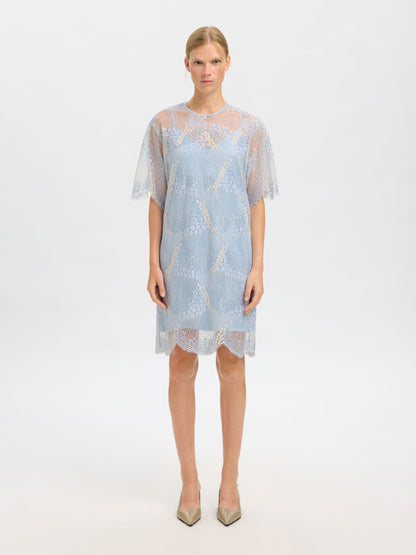 Woman wearing a light blue lace dress on a white background