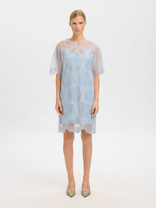 Woman wearing a light blue lace dress on a white background