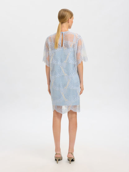 Woman wearing a light blue dress with lace details on a white background