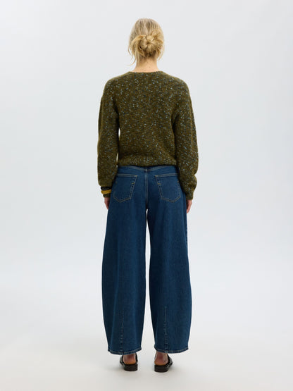 Selected Cropped Knit Cardigan - Green/Navy