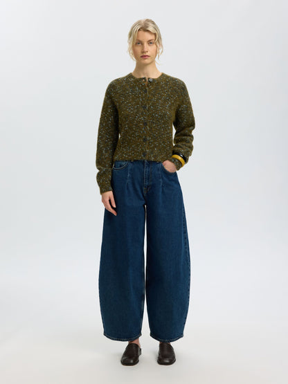 Selected Cropped Knit Cardigan - Green/Navy