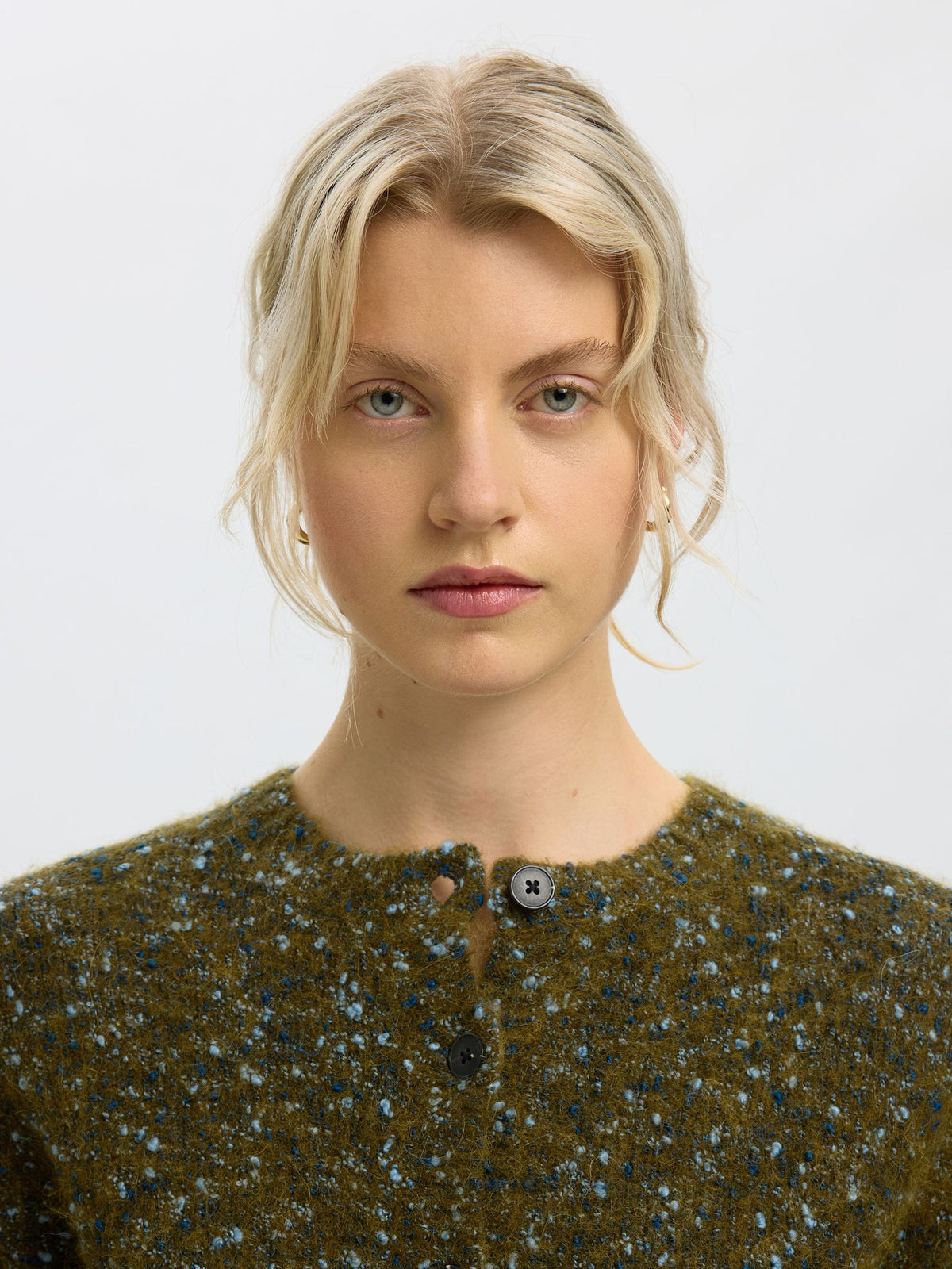 Selected Cropped Knit Cardigan - Green/Navy