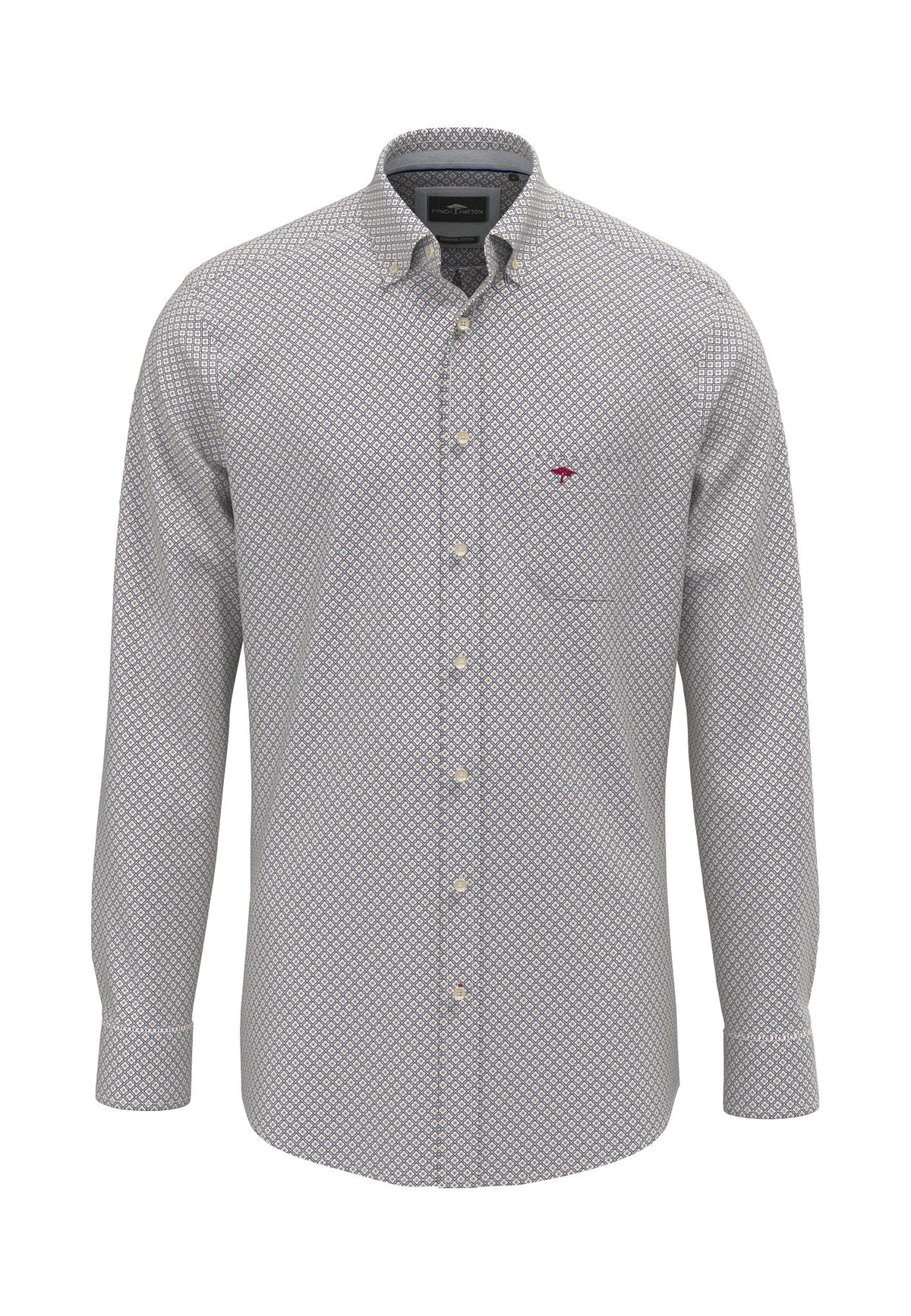 Patterned shirt with a small logo on a white background