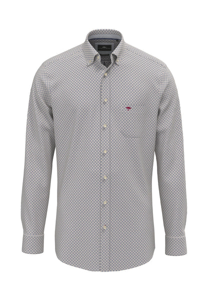 Patterned shirt with a small logo on a white background