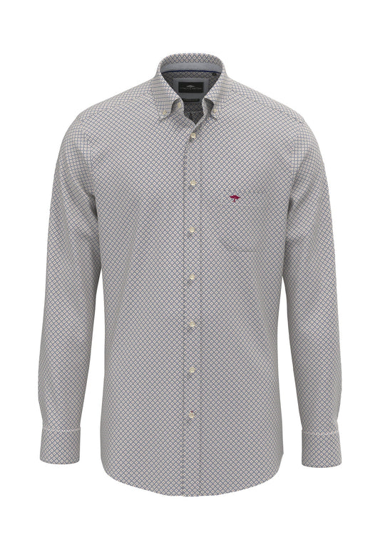 Patterned shirt with a small logo on a white background