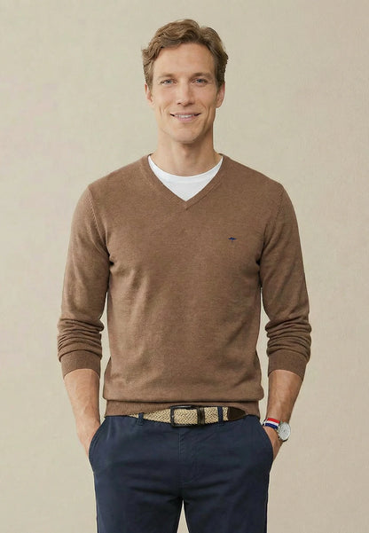 Fynch Hatton Superfine V-Neck Jumper - Affogato