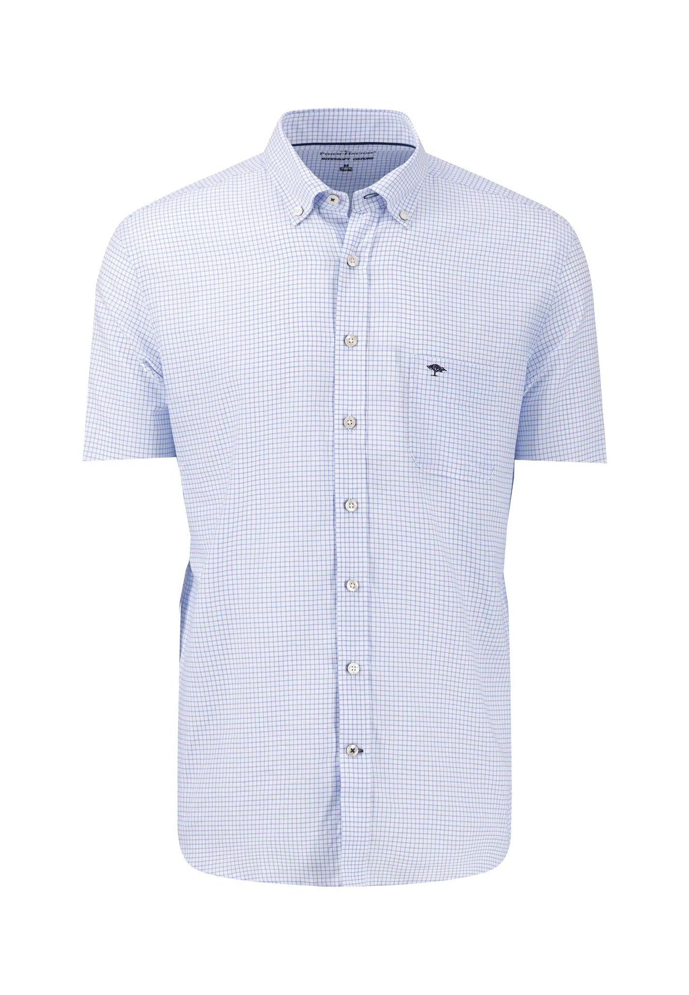 Short-sleeve checkered shirt with a small logo on a white background