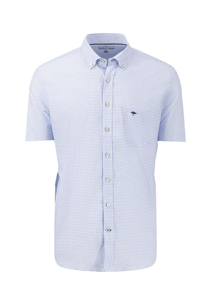 Short-sleeve checkered shirt with a small logo on a white background