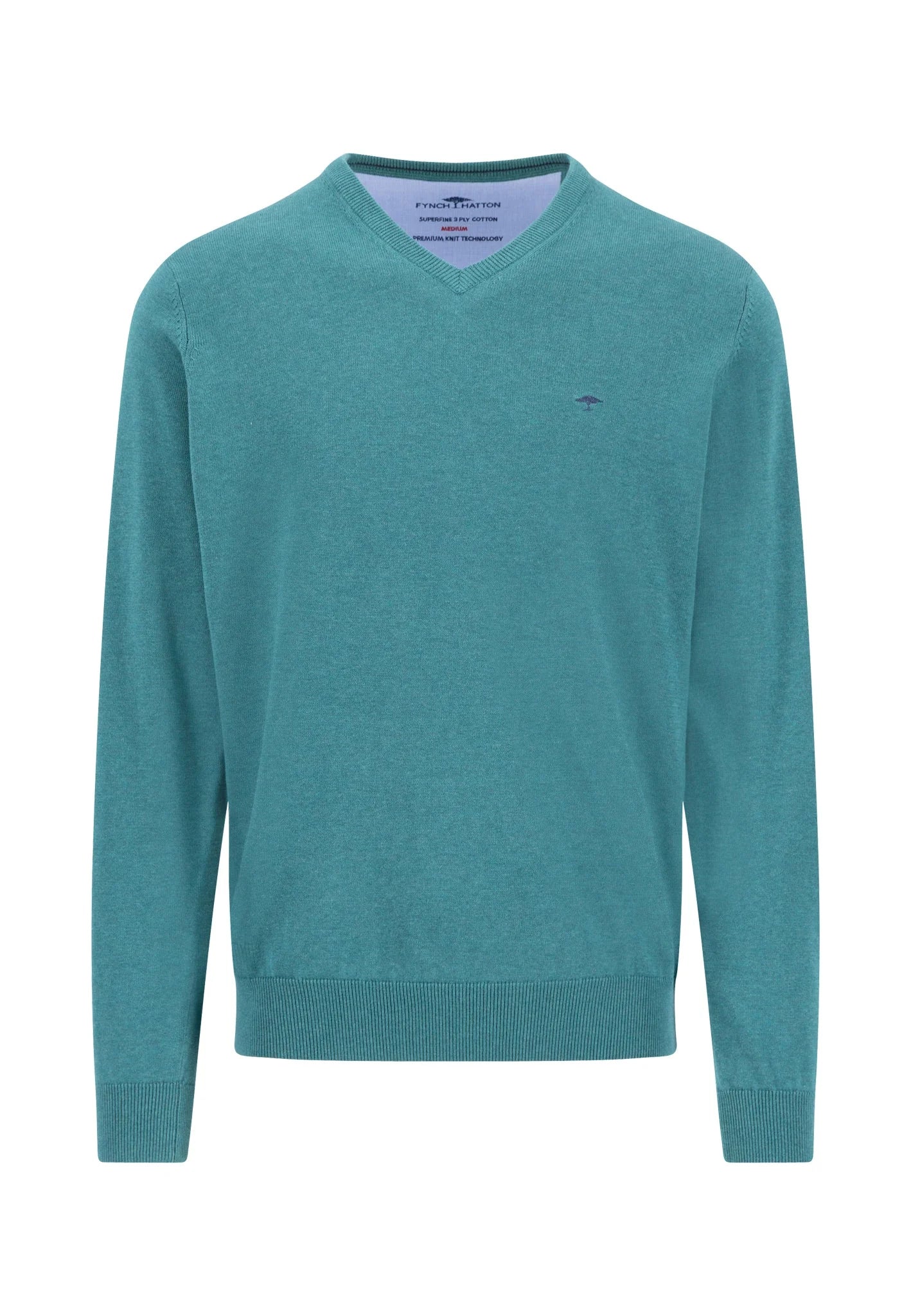 A teal green v-neck knit sweater with a small embroidered logo on the left chest, displayed on a clean white background.