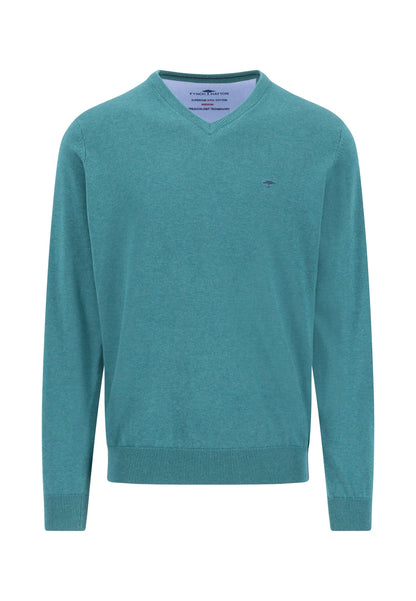 A teal green v-neck knit sweater with a small embroidered logo on the left chest, displayed on a clean white background.