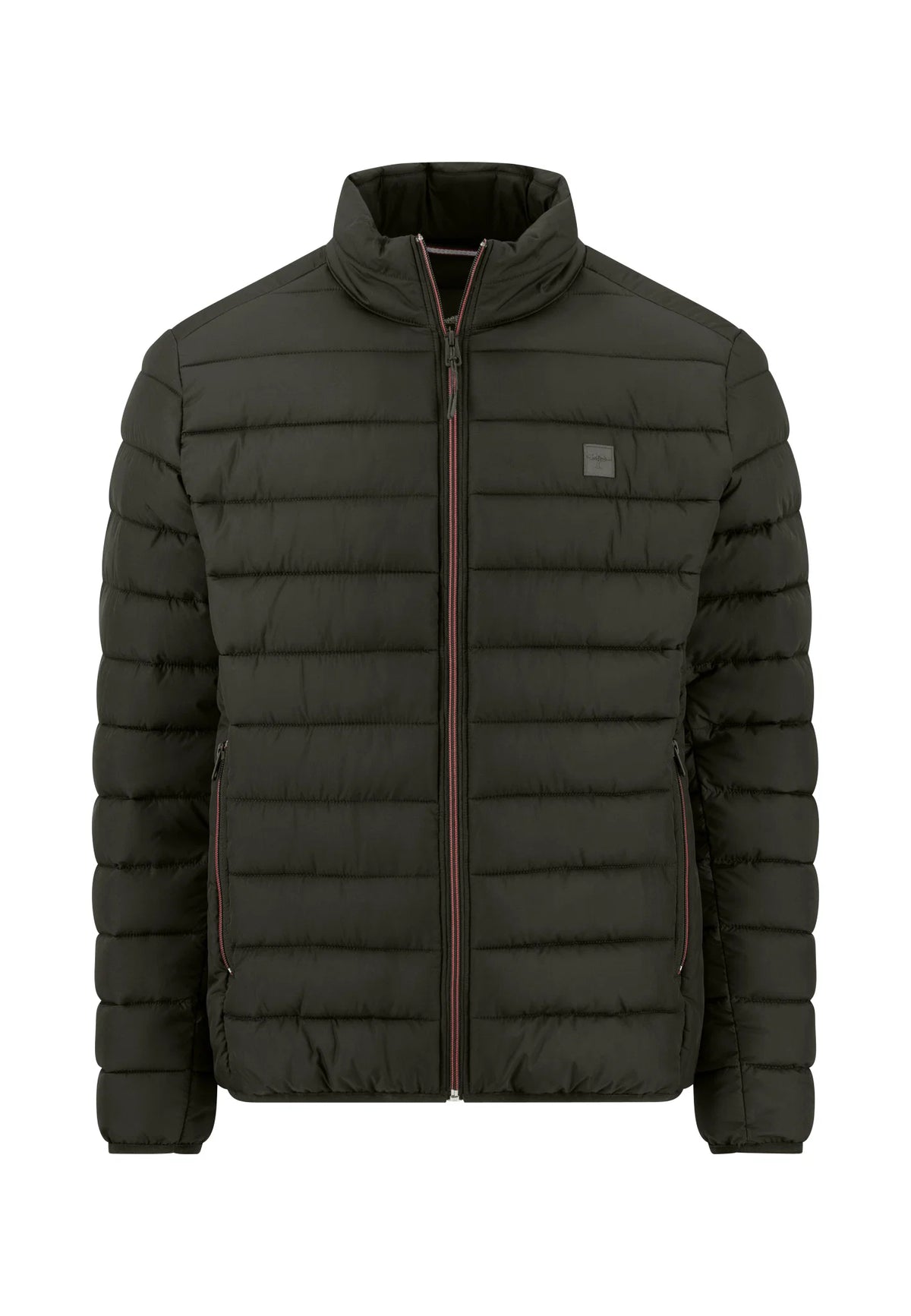 A dark olive green puffer jacket with a stand-up collar, horizontal quilting, and a front zipper, shown against a plain white background.