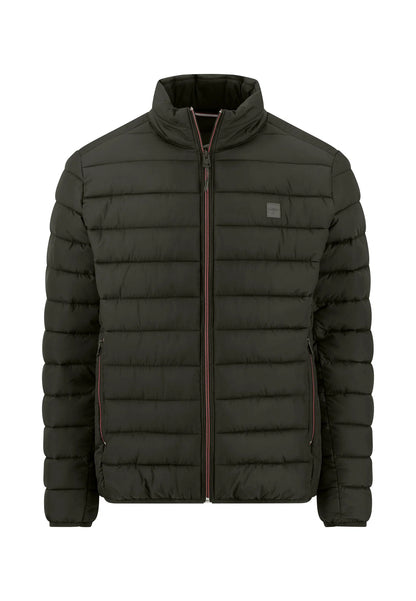 A dark olive green puffer jacket with a stand-up collar, horizontal quilting, and a front zipper, shown against a plain white background.