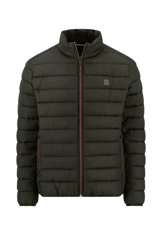 A dark olive green puffer jacket with a stand-up collar, horizontal quilting, and a front zipper, shown against a plain white background.
