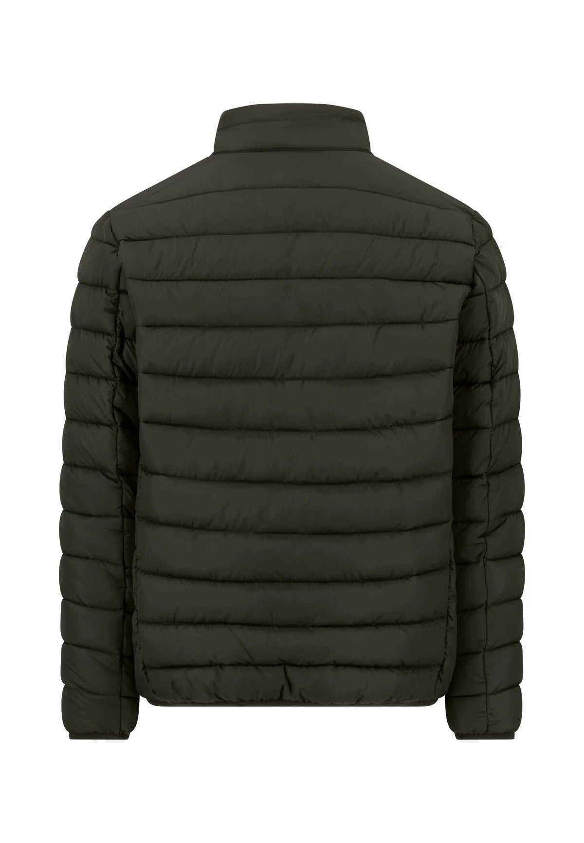 A dark olive green puffer jacket shown from the back, featuring horizontal quilting and a stand-up collar, set against a plain white background.