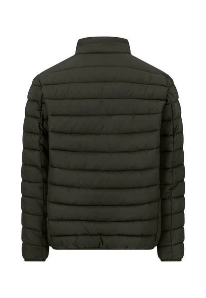 A dark olive green puffer jacket shown from the back, featuring horizontal quilting and a stand-up collar, set against a plain white background.