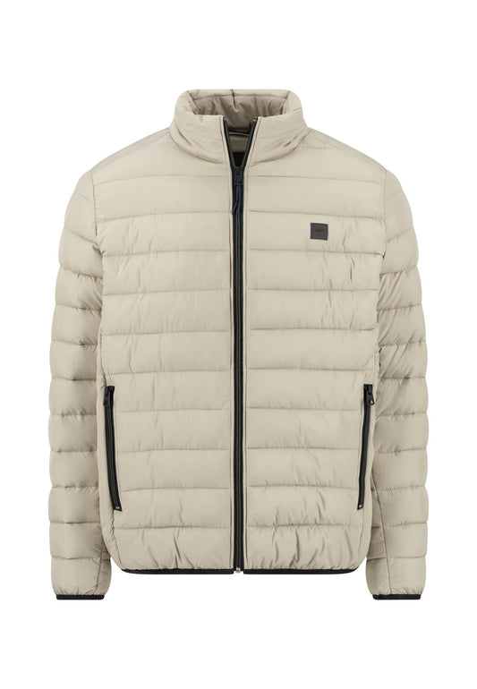 A light beige puffer jacket with black zipper details, shown against a plain white background.