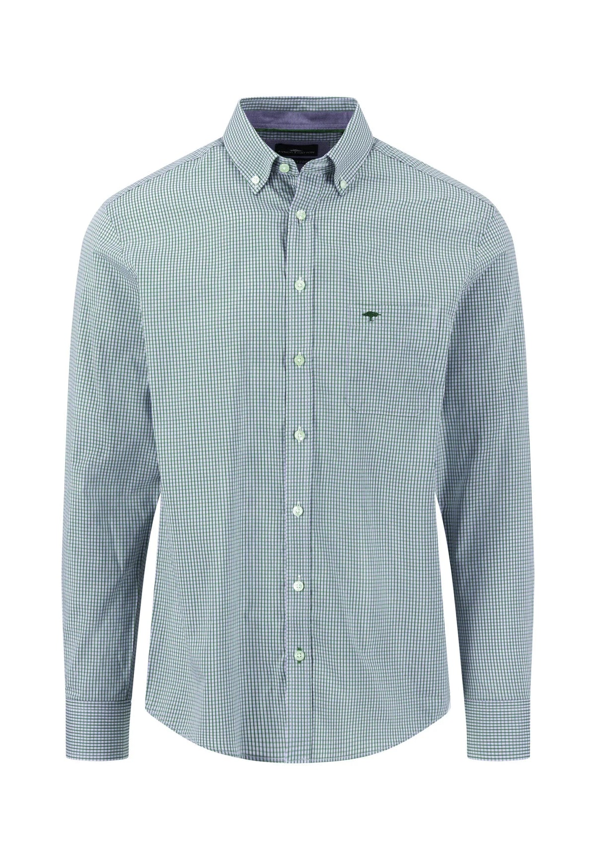 Green checkered shirt with a brand logo on a white background