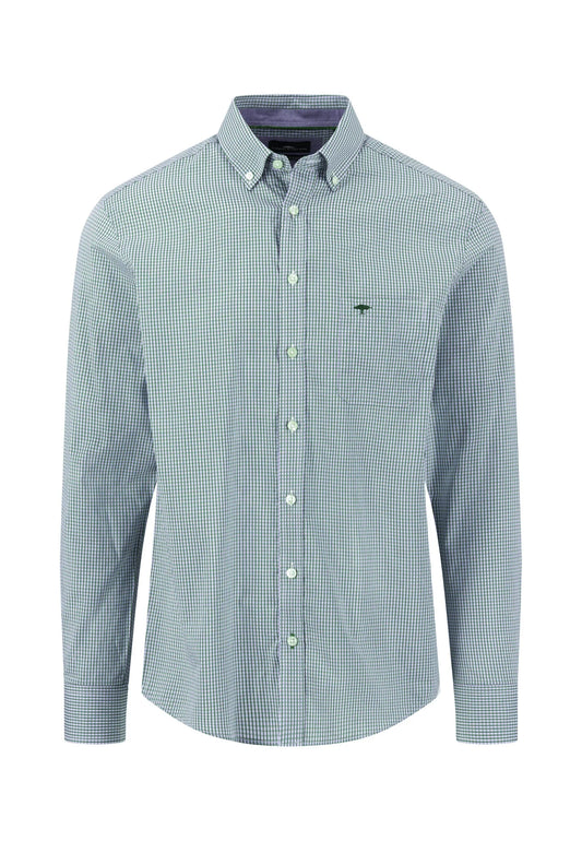 Green checkered shirt with a brand logo on a white background