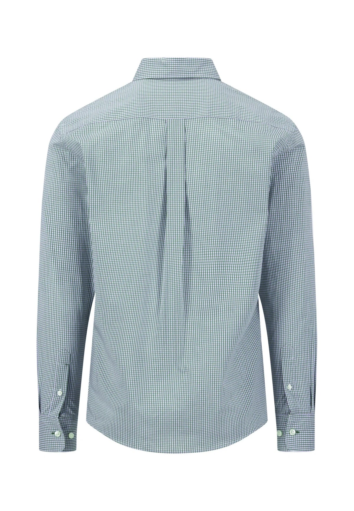 A long-sleeve button-down shirt with a fine blue and white micro-check pattern, shown from the back. The shirt features a subtle vertical pleat down the center back and buttoned cuffs.