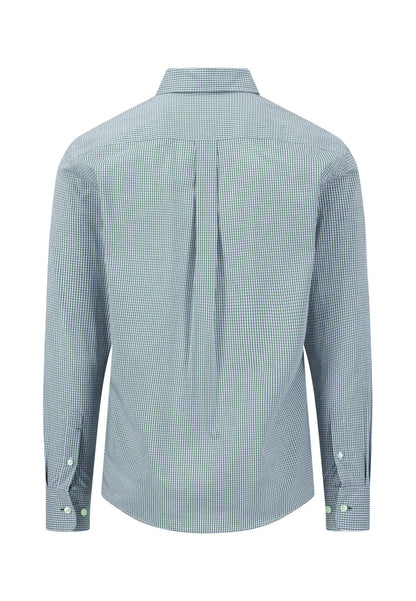 A long-sleeve button-down shirt with a fine blue and white micro-check pattern, shown from the back. The shirt features a subtle vertical pleat down the center back and buttoned cuffs.