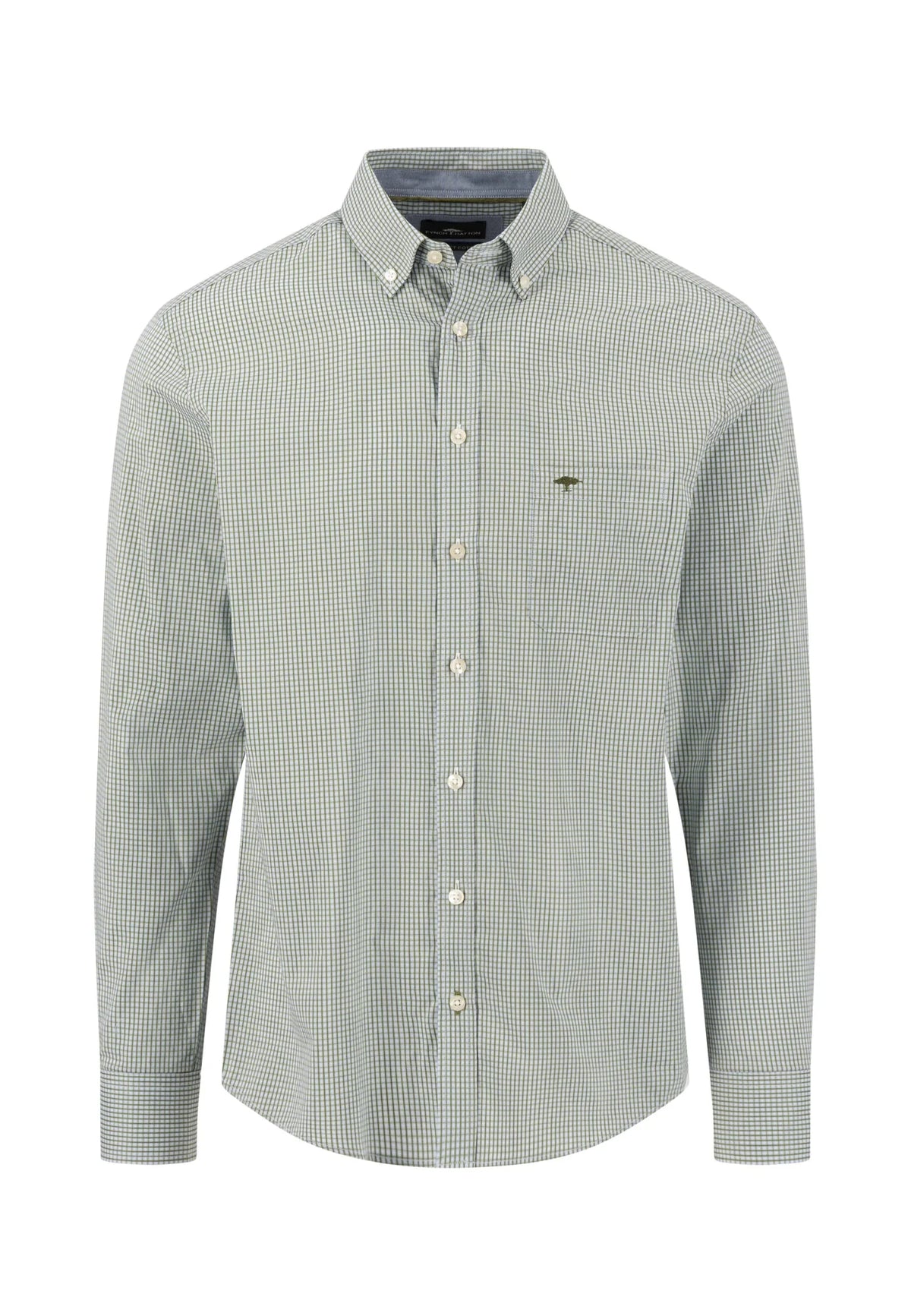 Green checkered shirt with a brand logo on a white background