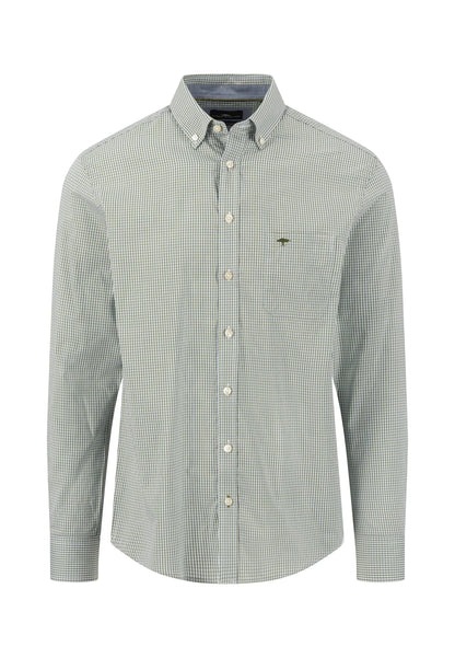 Green checkered shirt with a brand logo on a white background