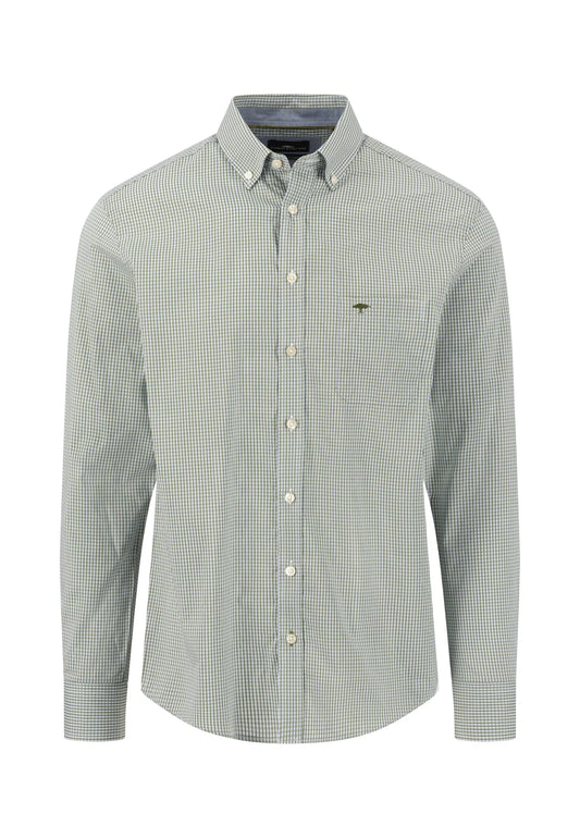 Green checkered shirt with a brand logo on a white background