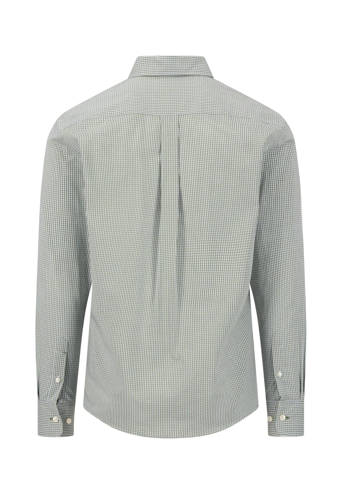 A long-sleeve button-down shirt with a fine micro-check pattern in sage green and white, shown from the back. The shirt features a pleated back design and buttoned cuffs.