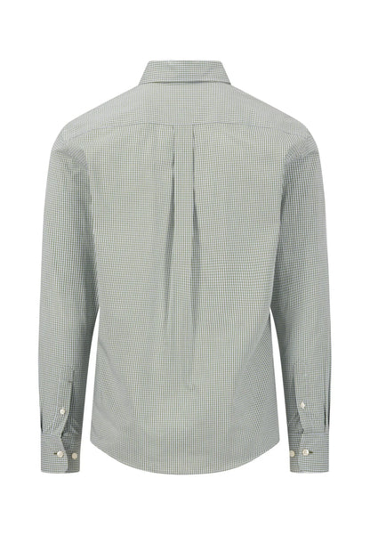 A long-sleeve button-down shirt with a fine micro-check pattern in sage green and white, shown from the back. The shirt features a pleated back design and buttoned cuffs.
