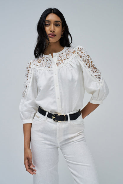 Salsa Linen Shirt With Lace- Off White