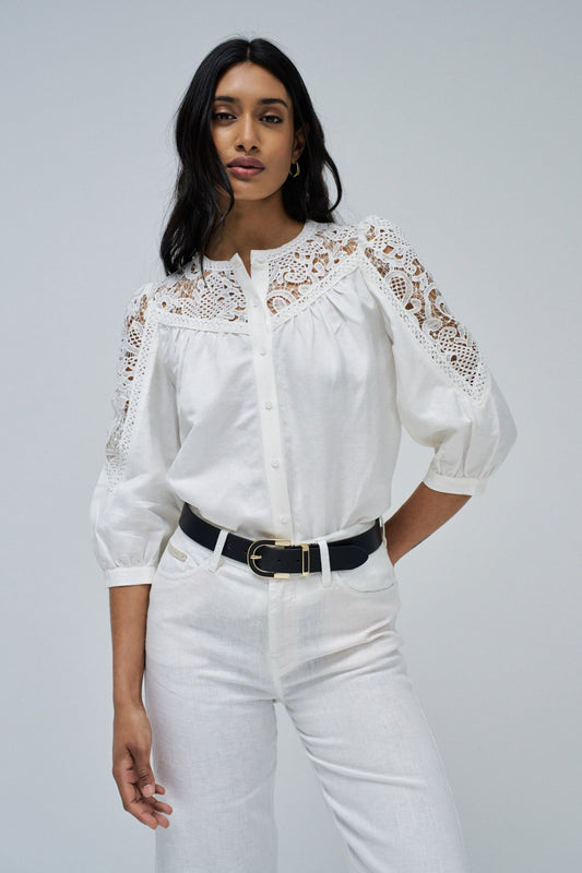 Salsa Linen Shirt With Lace- Off White