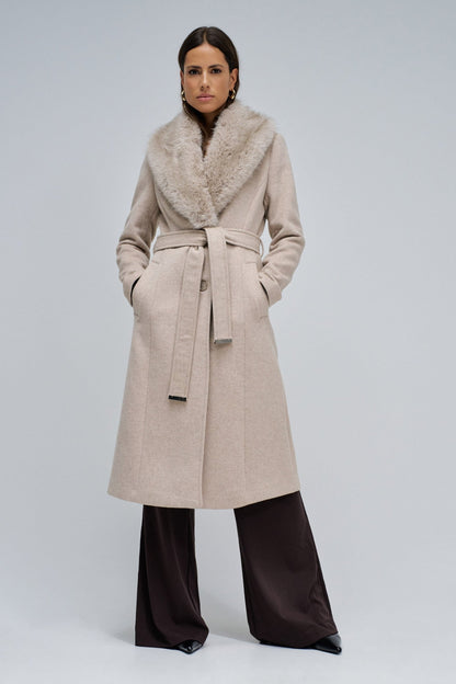 Salsa Faux Fur Collar Belted Coat - Oatmeal