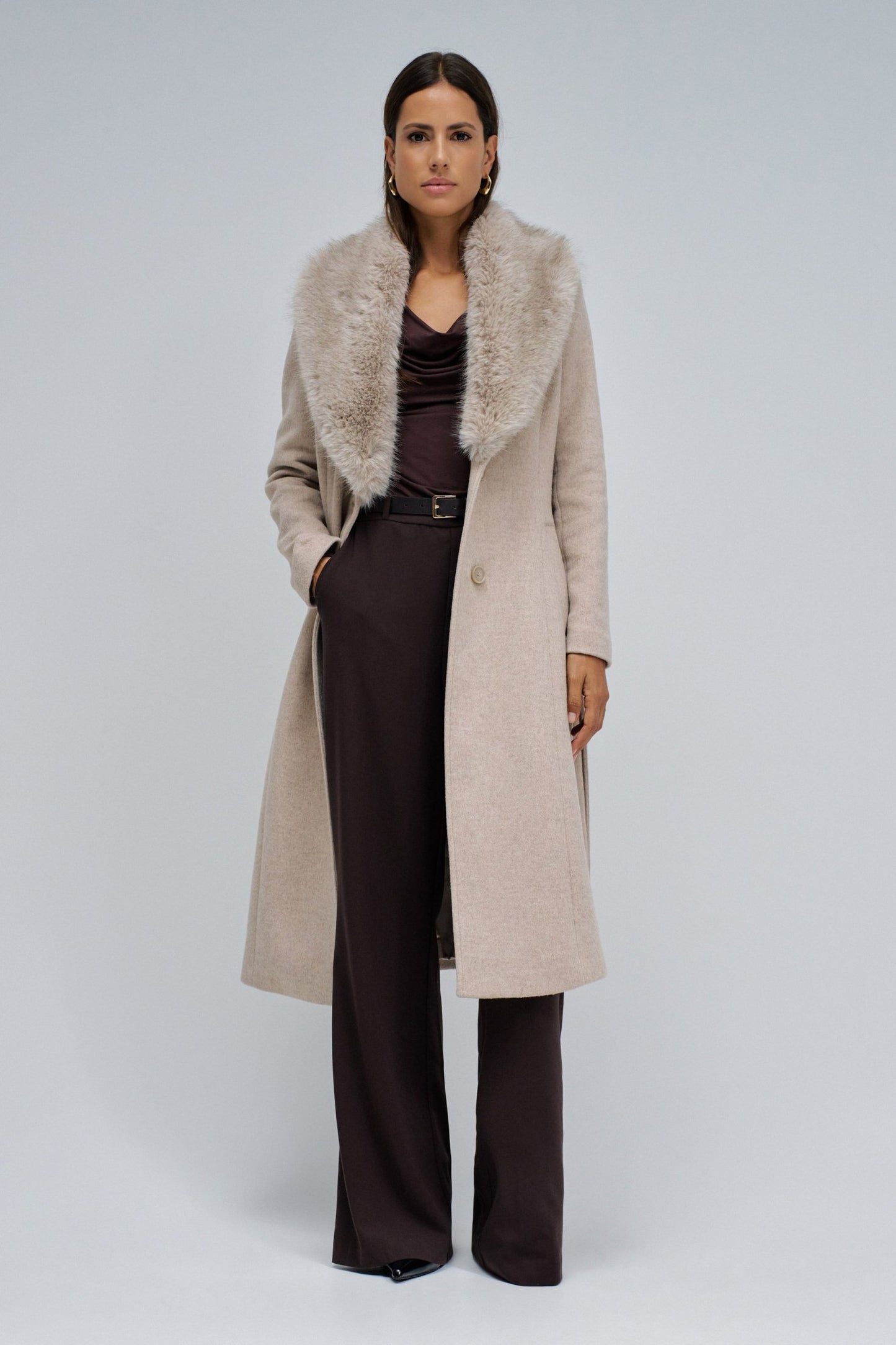 Salsa Faux Fur Collar Belted Coat - Oatmeal