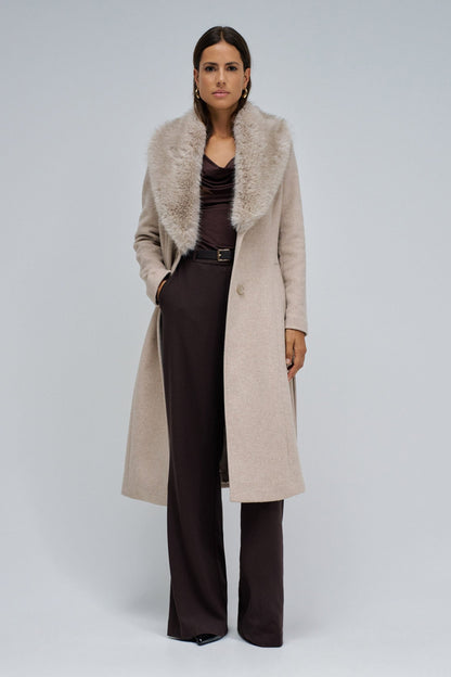 Salsa Faux Fur Collar Belted Coat - Oatmeal