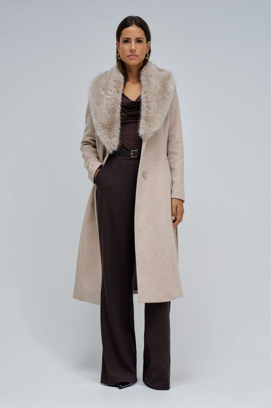 Salsa Faux Fur Collar Belted Coat - Oatmeal